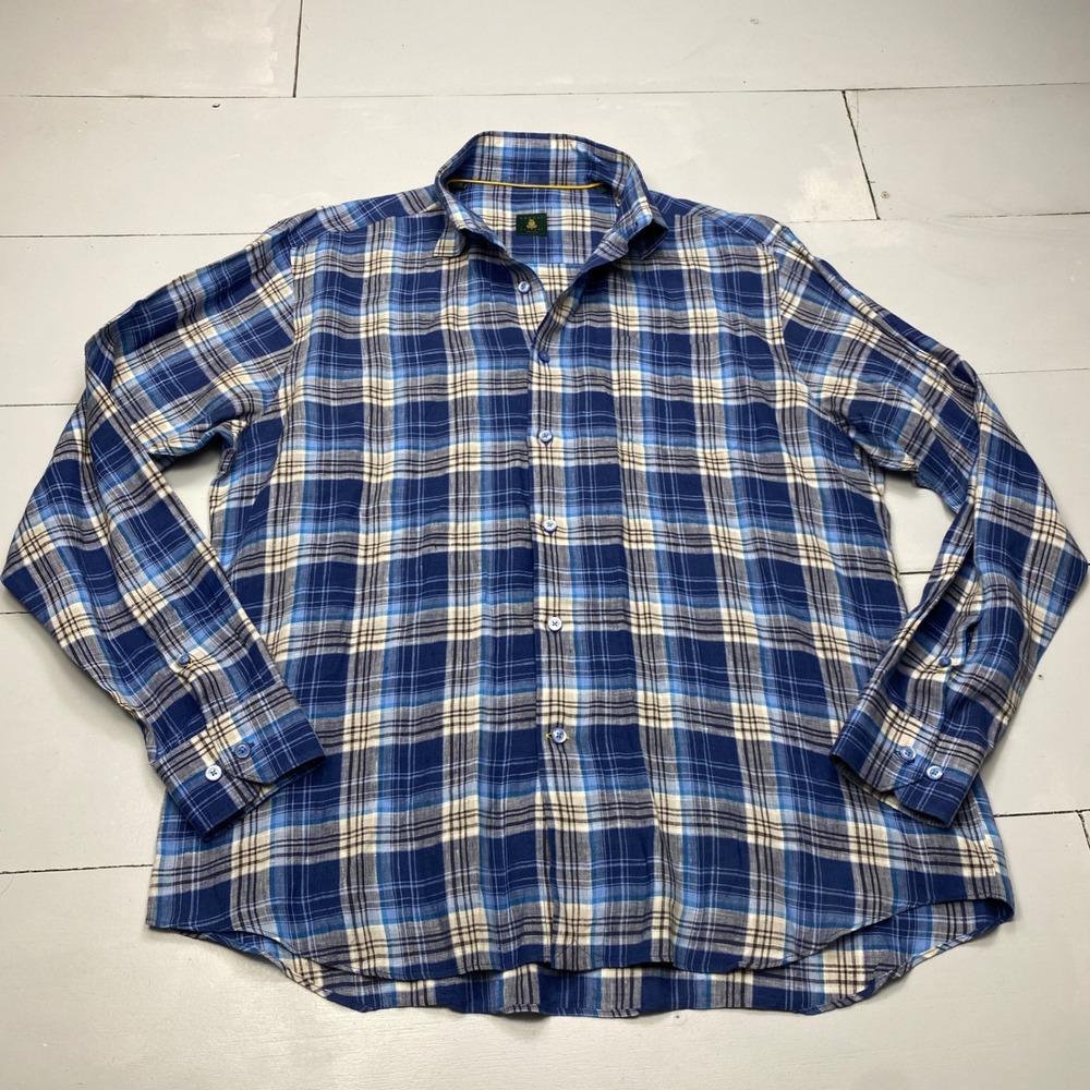 Robert Talbott Classic Shirt Mens L Blue Plaid Linen Blend Long Sleeve Button Up